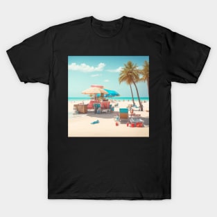 A vibrant beach scene with a bright blue sky, white sand, and a gentle breeze. T-Shirt